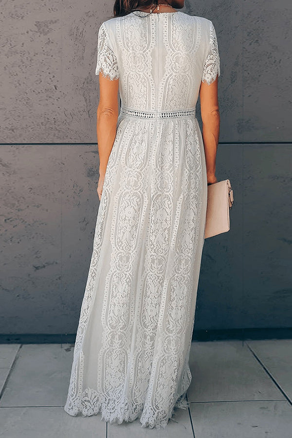 White Chic V-neck Lace Long Dress