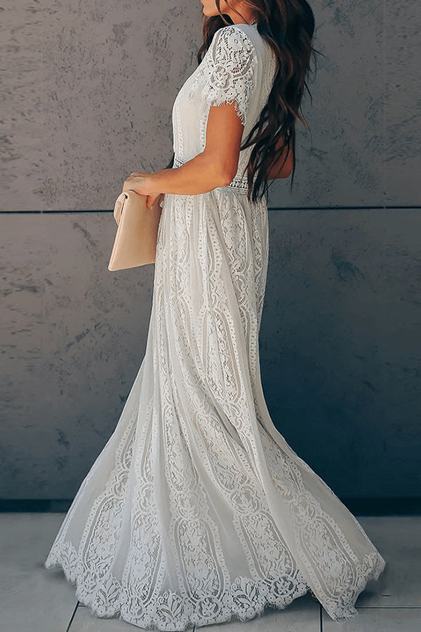 White Chic V-neck Lace Long Dress