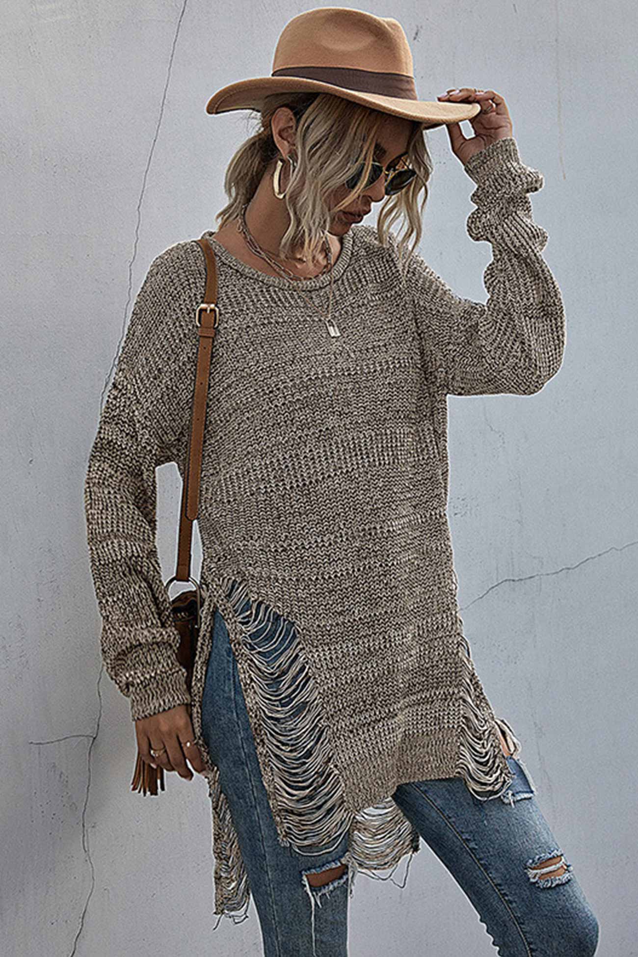 Crew Neck Split Hollow Out Tassel Sweater