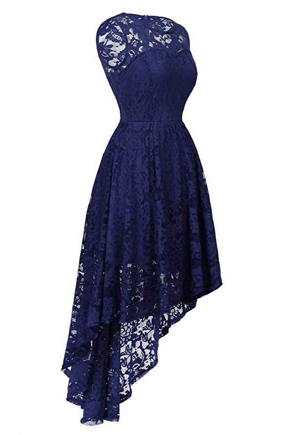 Dark Navy A-line Lace Sleeveless High Low Prom Dress