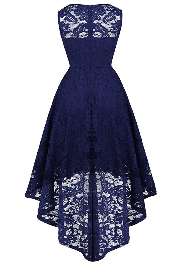 Dark Navy A-line Lace Sleeveless High Low Prom Dress