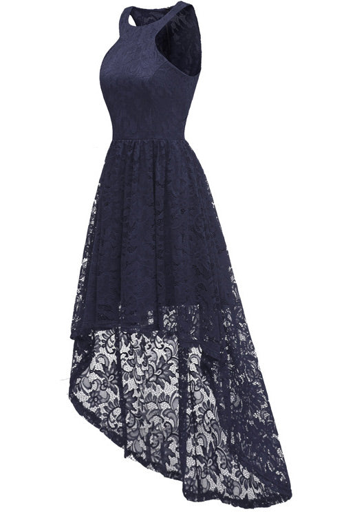 Dark Navy High Low Cut Out Lace Prom Dress