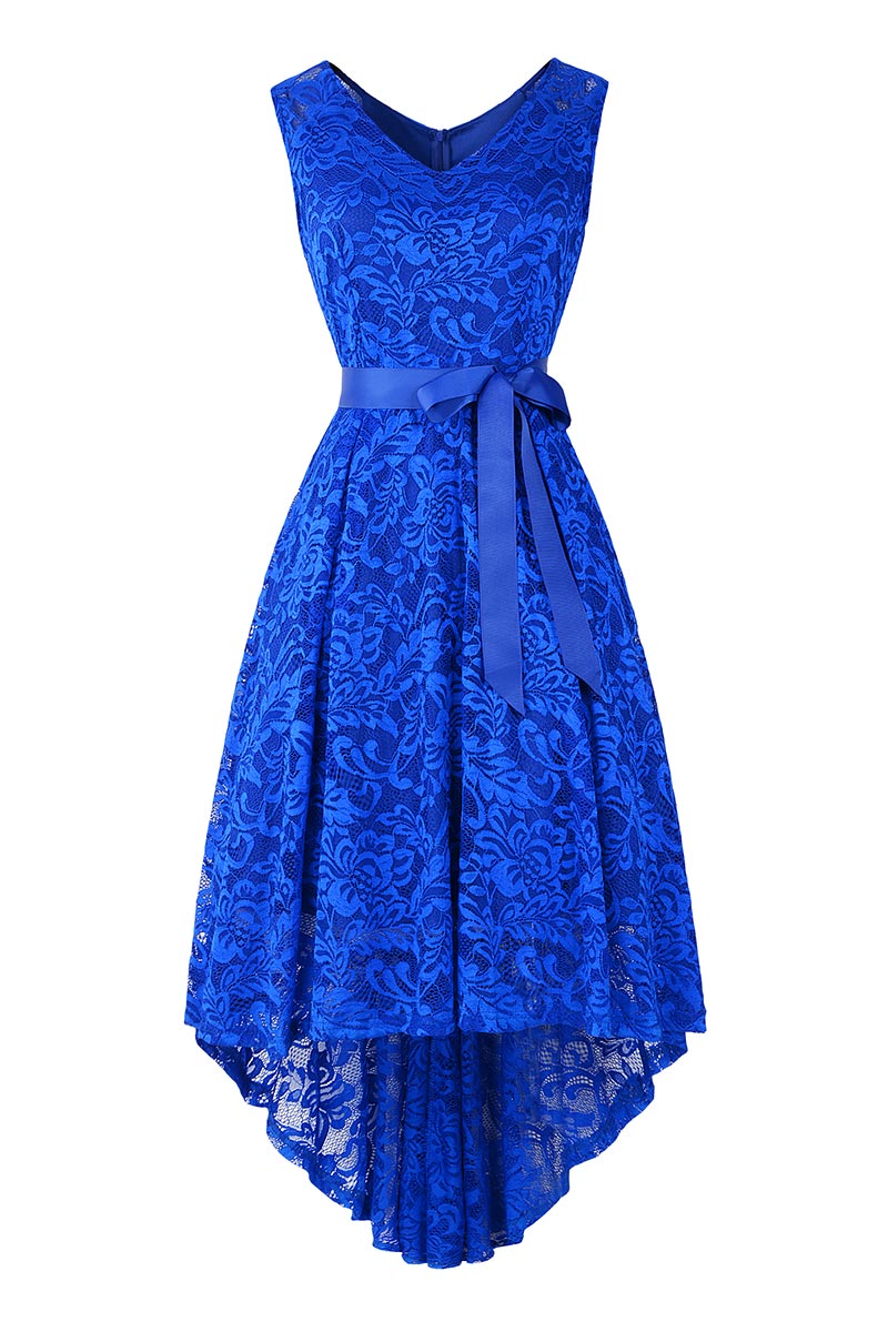 Dark Navy Knot Front High Low Lace Prom Dress