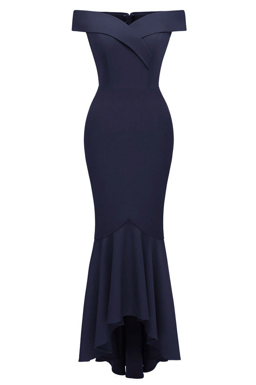 Dark Navy Off-the-shoulder Ruffled Prom Dress