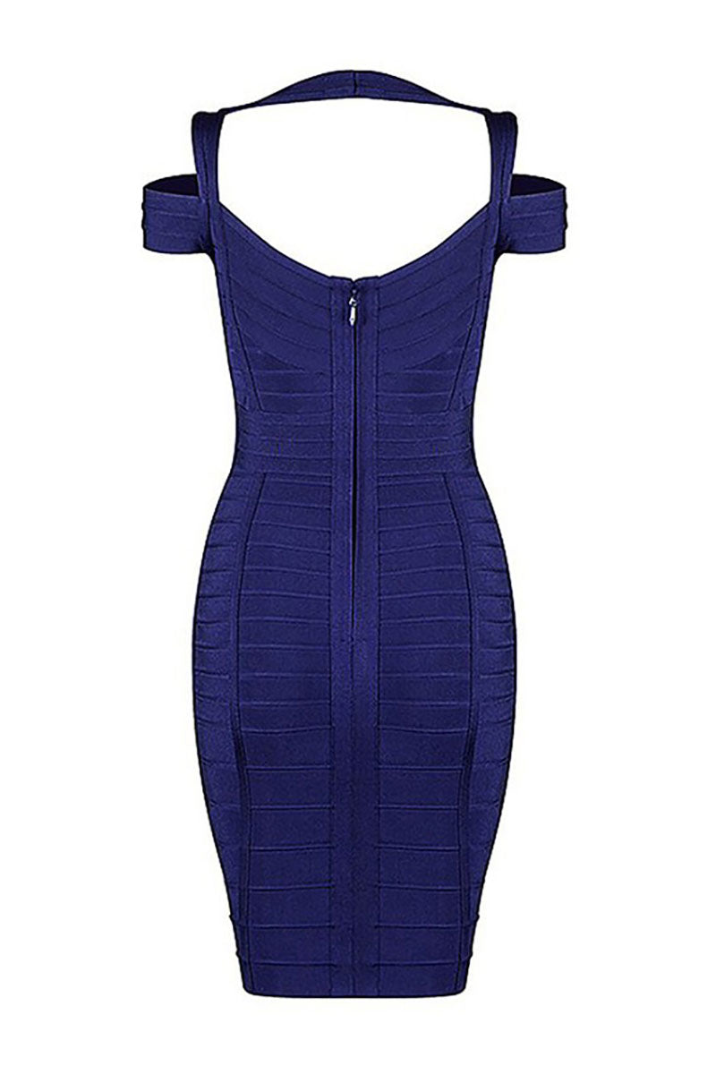 Dark Navy Off-the-shoulder V-neck Bandage Dress