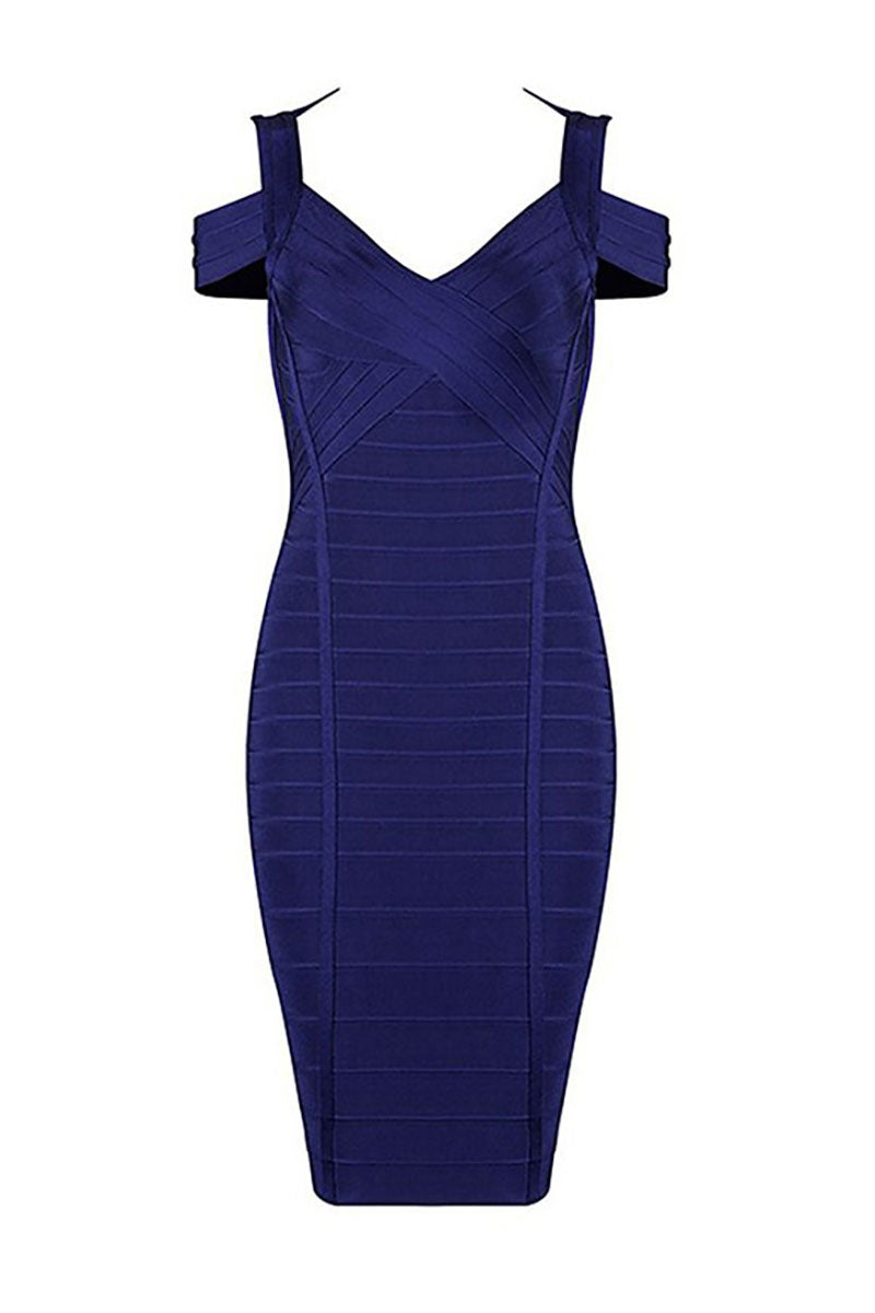 Dark Navy Off-the-shoulder V-neck Bandage Dress