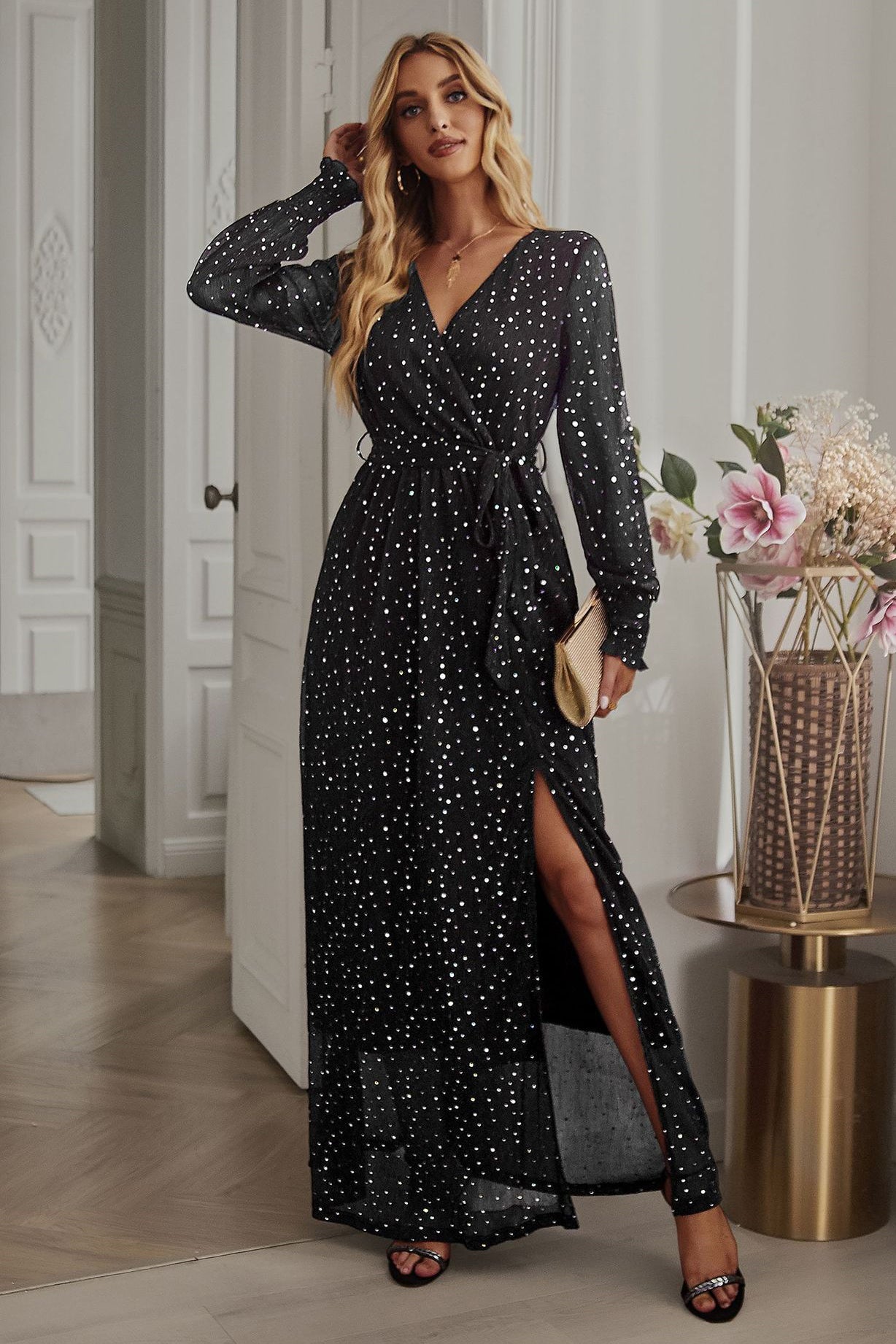 Dark Green Long Sleeve V-Neck Maxi Dress 