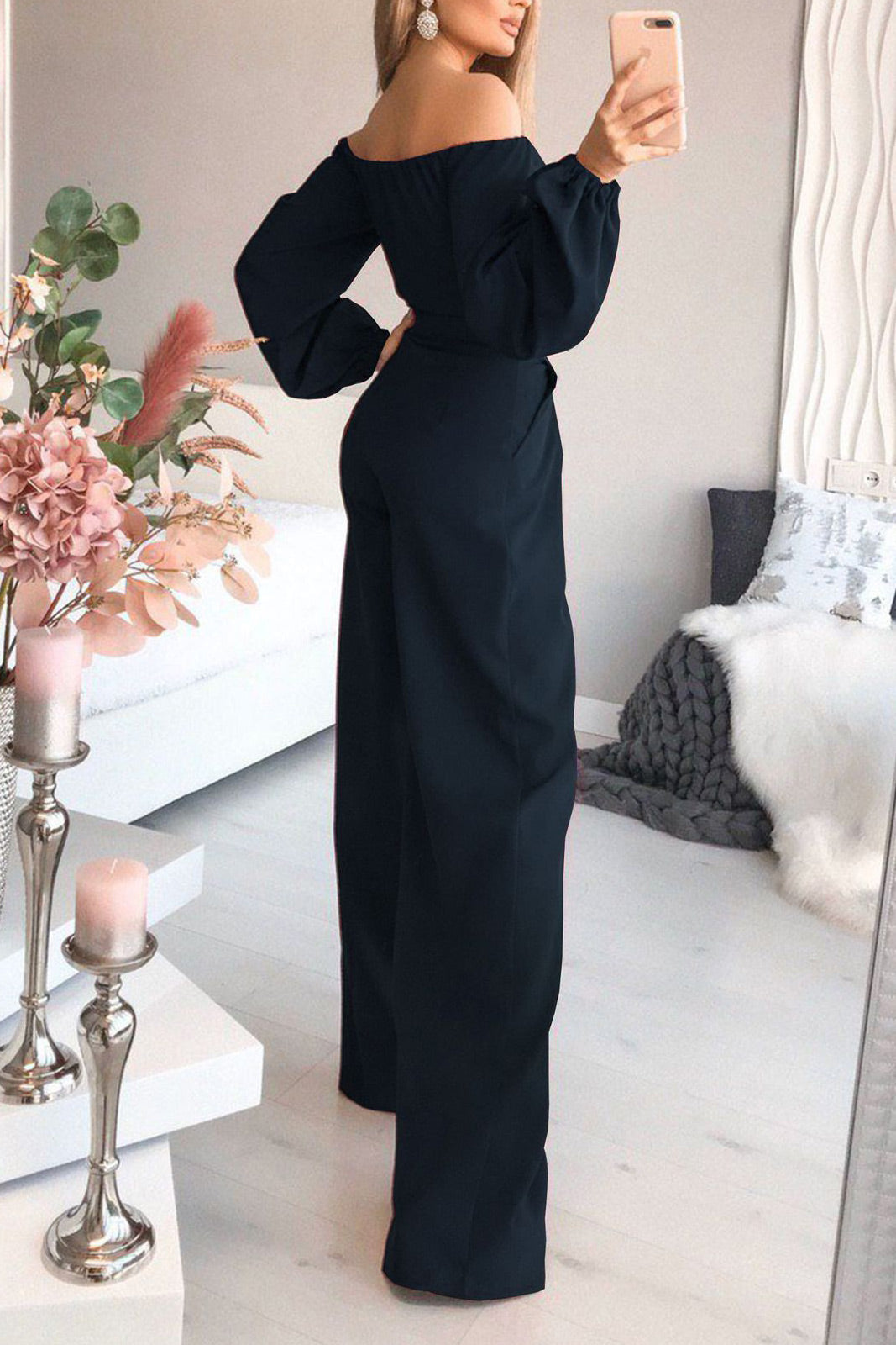 Dark Green Off-the-Shoulder Long Sleeve Jumpsuit