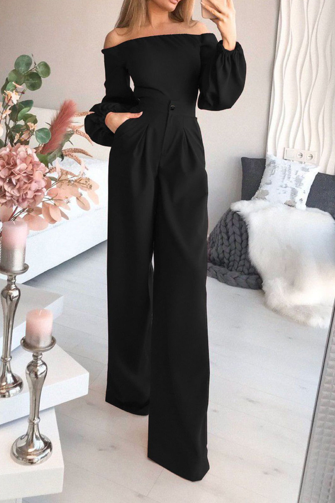 Dark Green Off-the-Shoulder Long Sleeve Jumpsuit