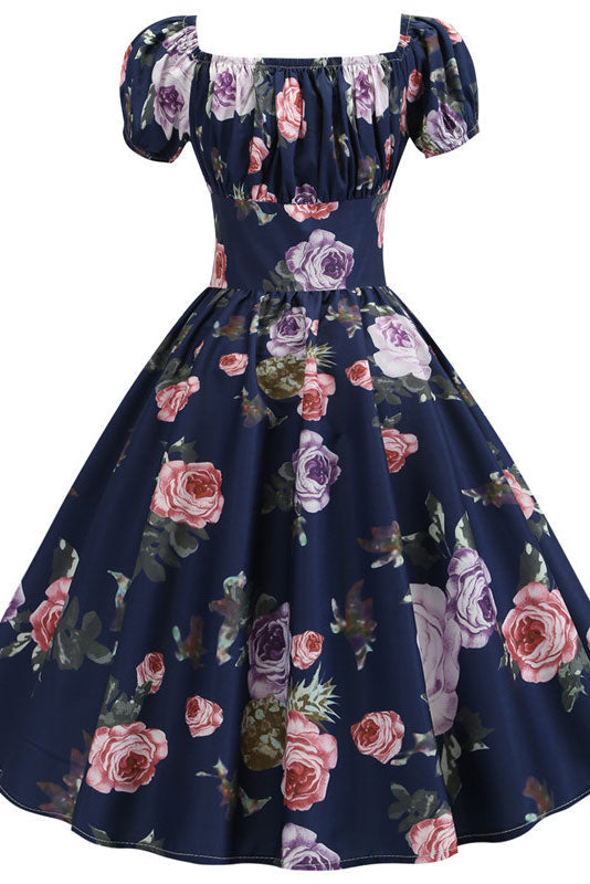 Dark Navy A-Line Print Swing Dresses