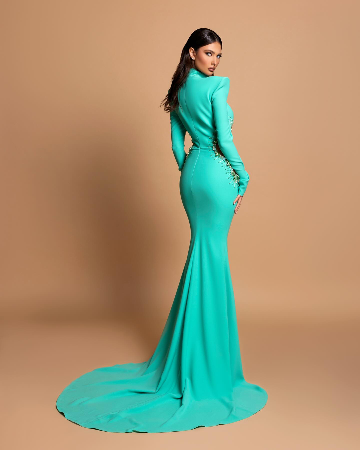 Designer Column High Neck Long Sleeve Beaded Satin Evening Dress