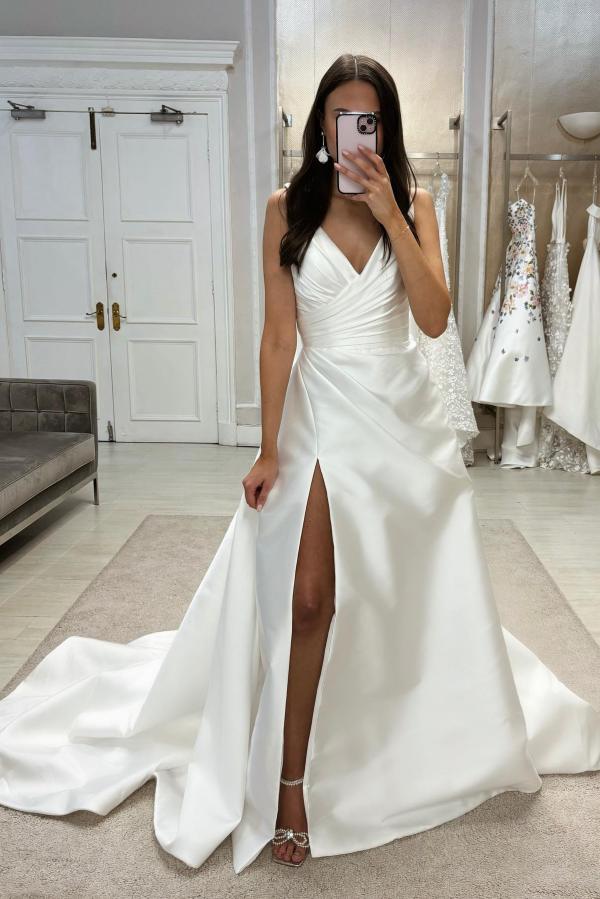 Designer Long A-line V-neck Simple Satin Sleeveless Wedding Dress with Front Slit