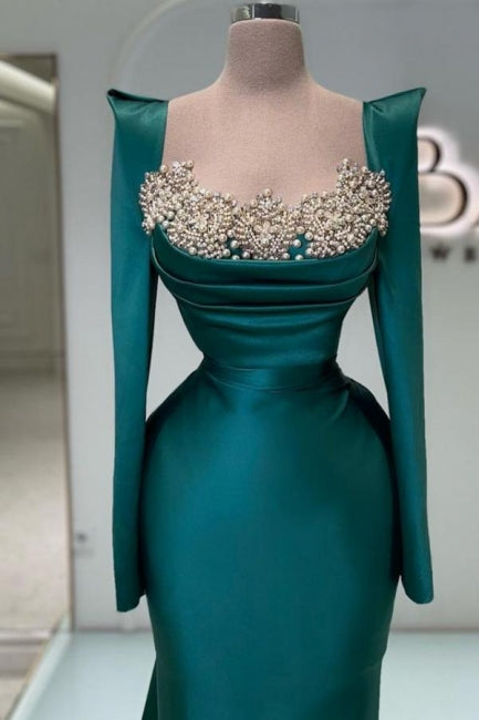 Designer Long Dark Green Beaded Pearls Mermaid Prom Dress with Long Sleeves