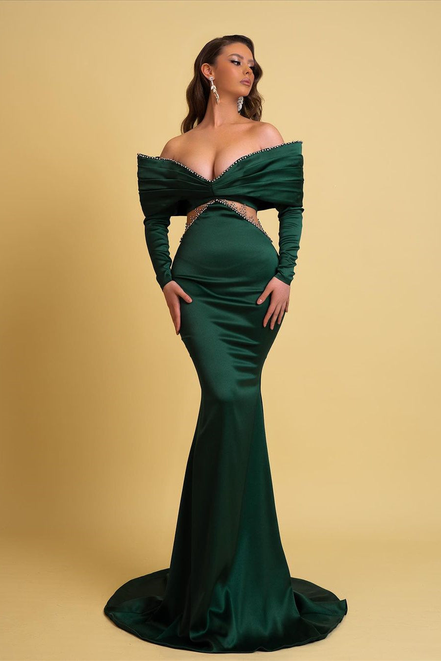 Designer Long Dark Green Mermaid Dress Off-the-shoulder Style With Rhinestones And Long Sleeves