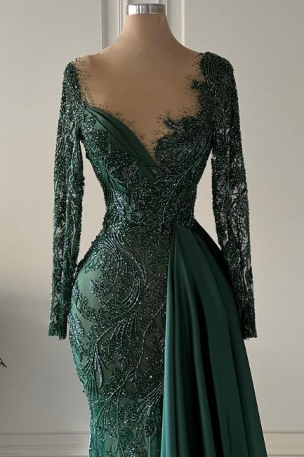 Designer Long Dark Green V-neck Lacy Mermaid Prom Dress with Graceful Long Sleeves