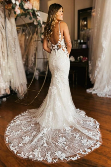 Designer Long Mermaid Spaghetti Straps V-neck Backless Wedding Gown with Stunning Details