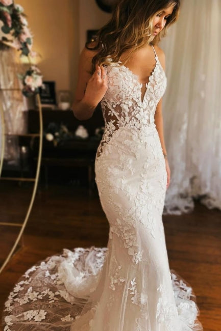 Designer Long Mermaid Spaghetti Straps V-neck Backless Wedding Gown with Stunning Details