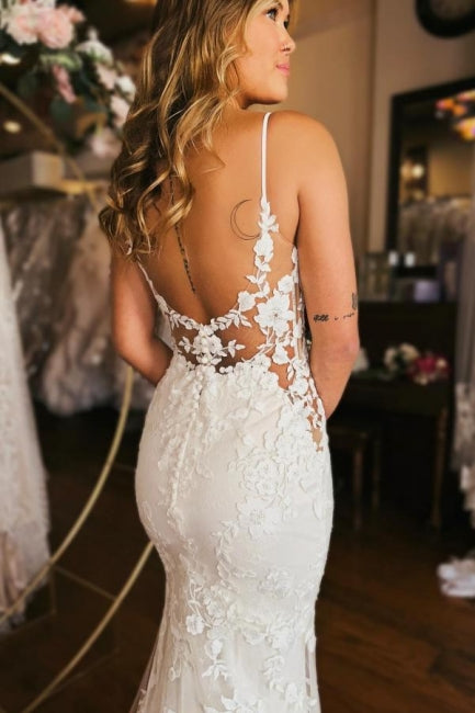 Designer Long Mermaid Spaghetti Straps V-neck Backless Wedding Gown with Stunning Details