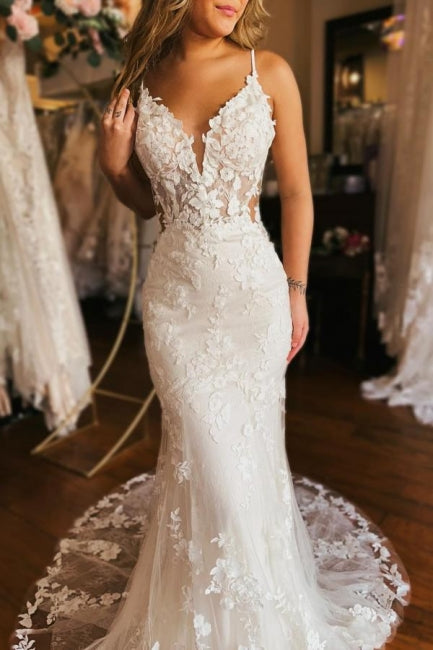 Designer Long Mermaid Spaghetti Straps V-neck Backless Wedding Gown with Stunning Details