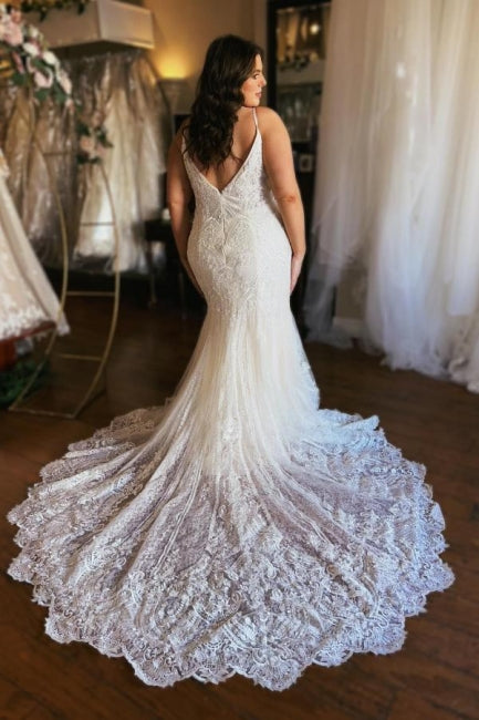 Designer Long Mermaid Spaghetti Straps Zippered Wedding Dress with Elegant Lace