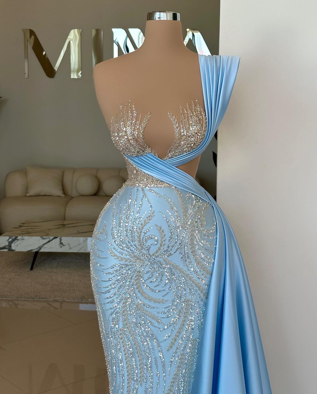 Designer Long Sky Blue One Shoulder Sequined Prom Dress With Lace Details