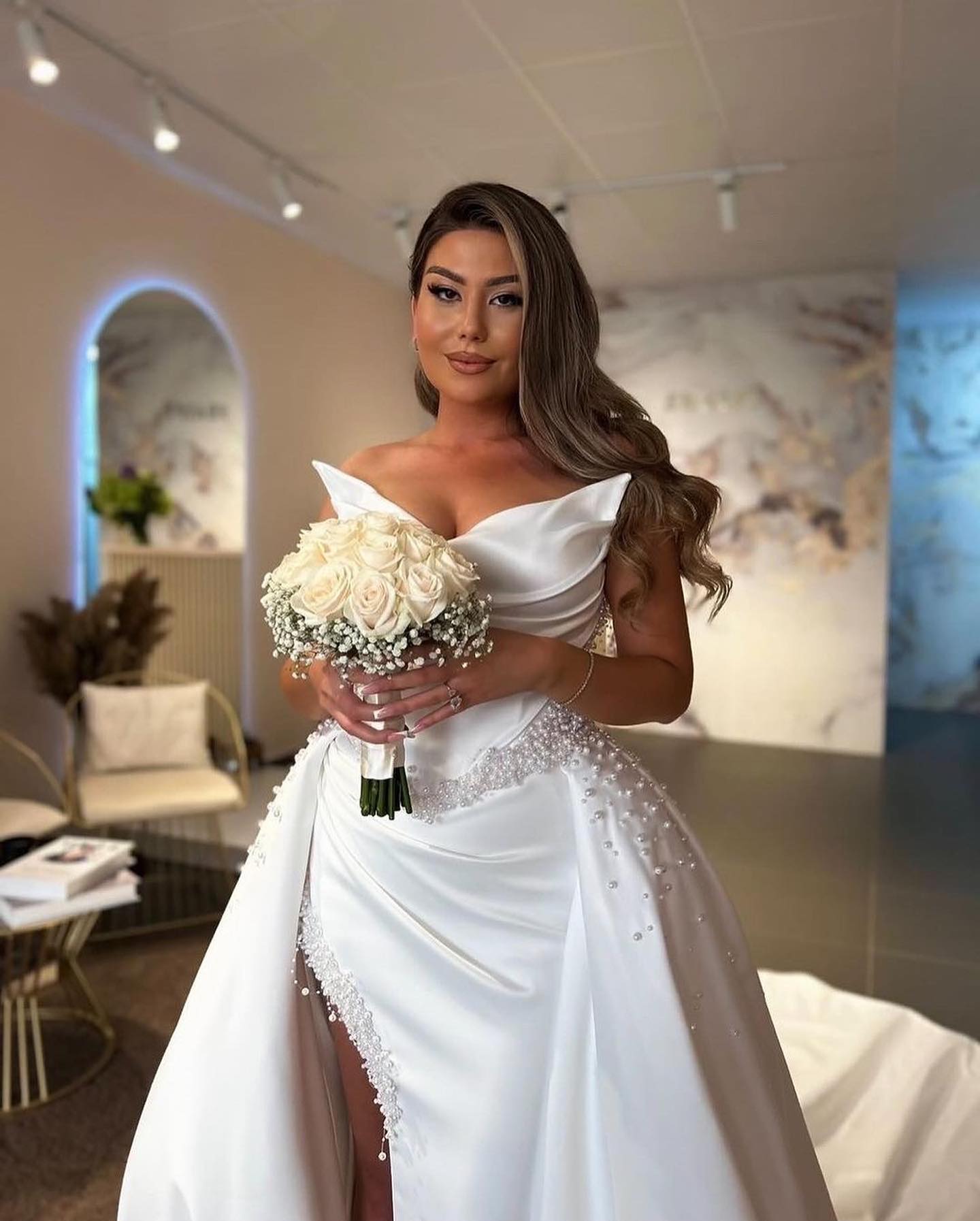 Designer Long White A-line Wedding Dress with High Front Split and Sleeveless V-neck