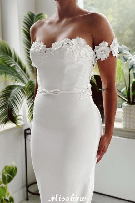 Classy Long White Mermaid Off-the-Shoulder Graceful Lace Wedding Dress with Train