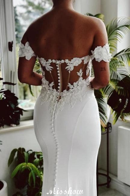 Classy Long White Mermaid Off-the-Shoulder Graceful Lace Wedding Dress with Train