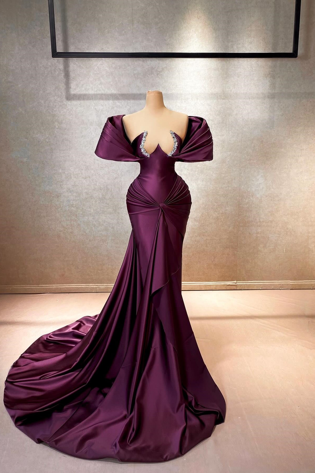 Graceful A-line Cap Sleeve Off-the-shoulder Ruffled Satin Long Prom Dress