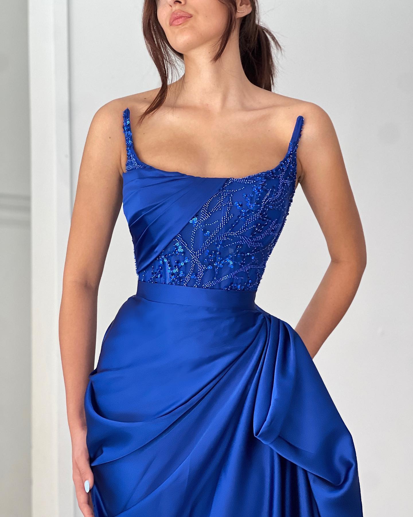 Graceful A-line Ruffled Sleeveless Square Satin Ocean Blue Prom Dress