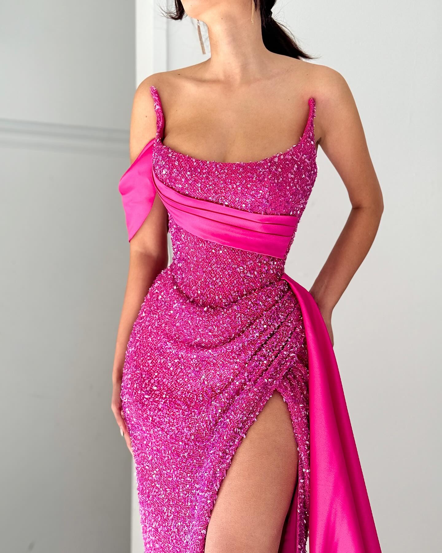 Elegant A-line Satin Sequined Sleeveless Halter Pink Long Prom Dress