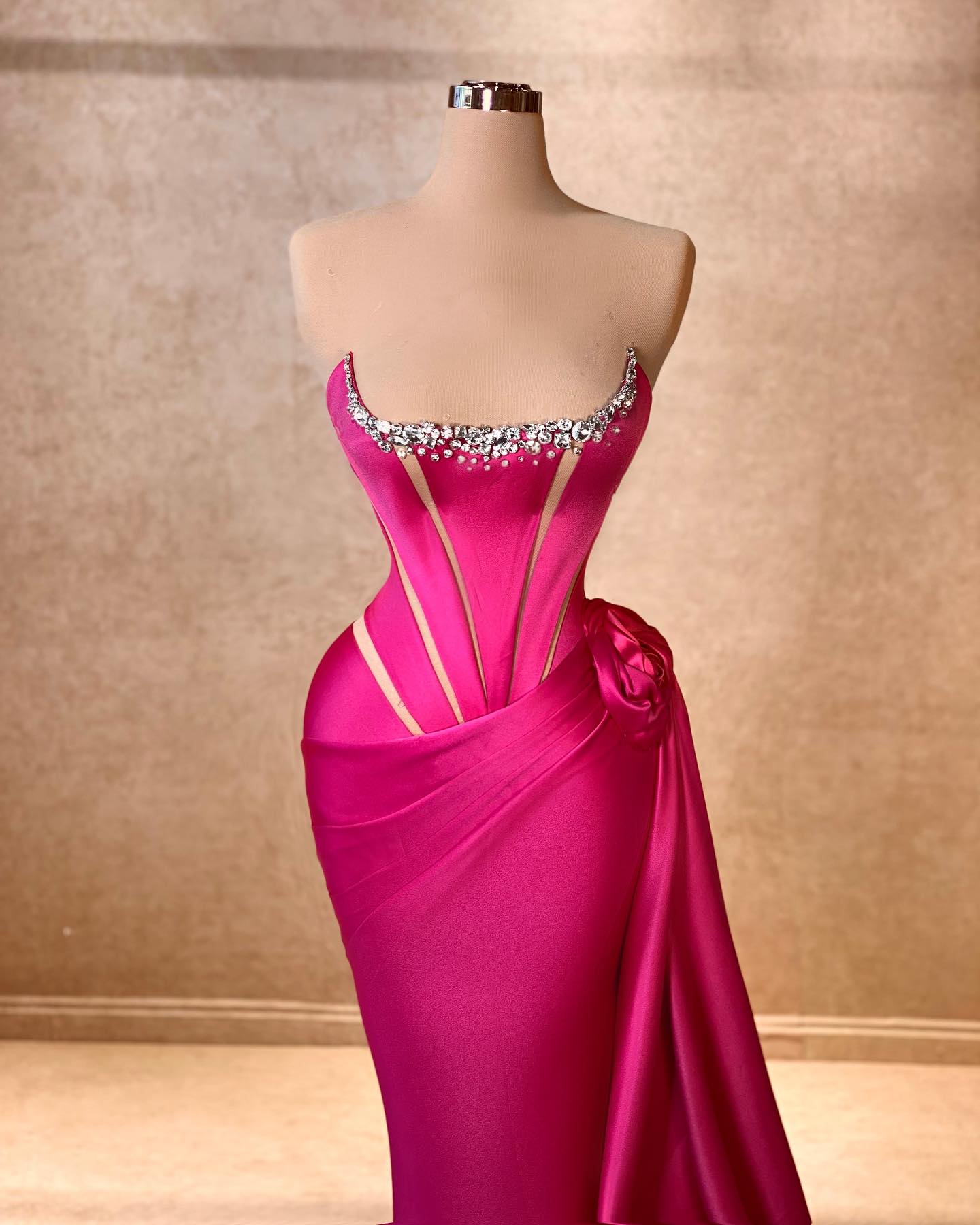 Elegant Column Square Sleeveless Rhinestone Satin Fuchsia Long Prom Gown