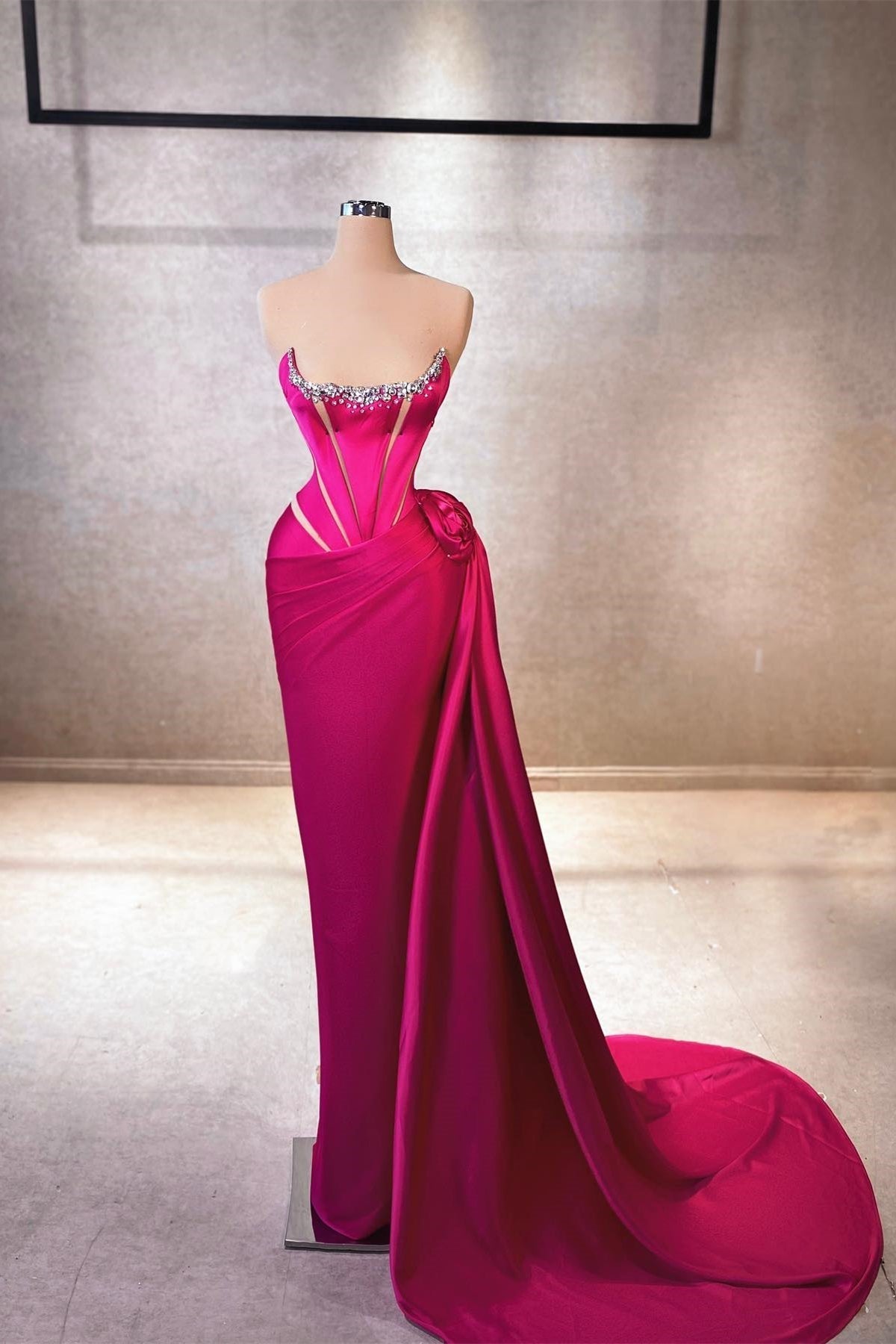 Elegant Column Square Sleeveless Rhinestone Satin Fuchsia Long Prom Gown