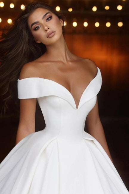 Elegant Long A-line Off-the-Shoulder V-neck Satin Wedding Dress with Chic Design