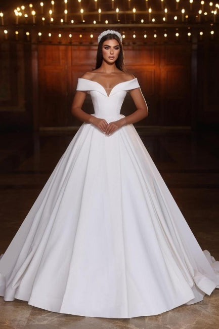 Elegant Long A-line Off-the-Shoulder V-neck Satin Wedding Dress with Chic Design