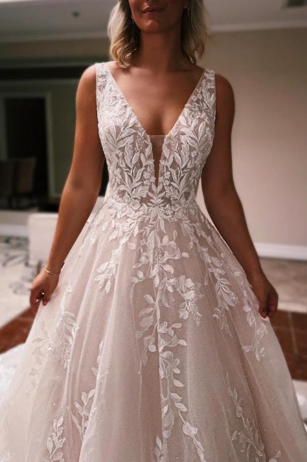 Elegant Long A-line V-neck Backless Lace Glitter Sleeveless Wedding Gown