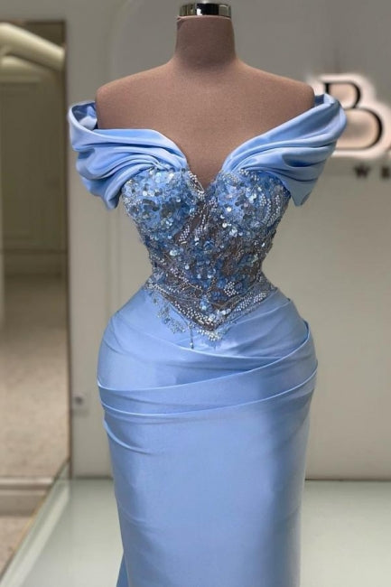 Elegant Long Blue Mermaid Off-the-shoulder Lace Beaded Sleeveless Prom Gown