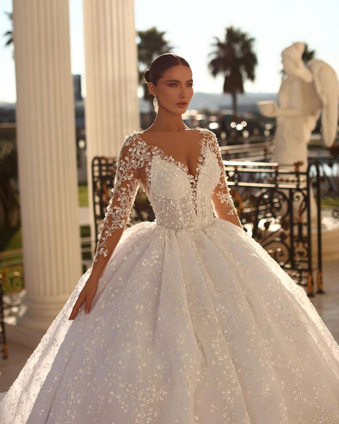 Graceful Long Ivory V-neck Ball Gown with Lace and Long Sleeves for Wedding