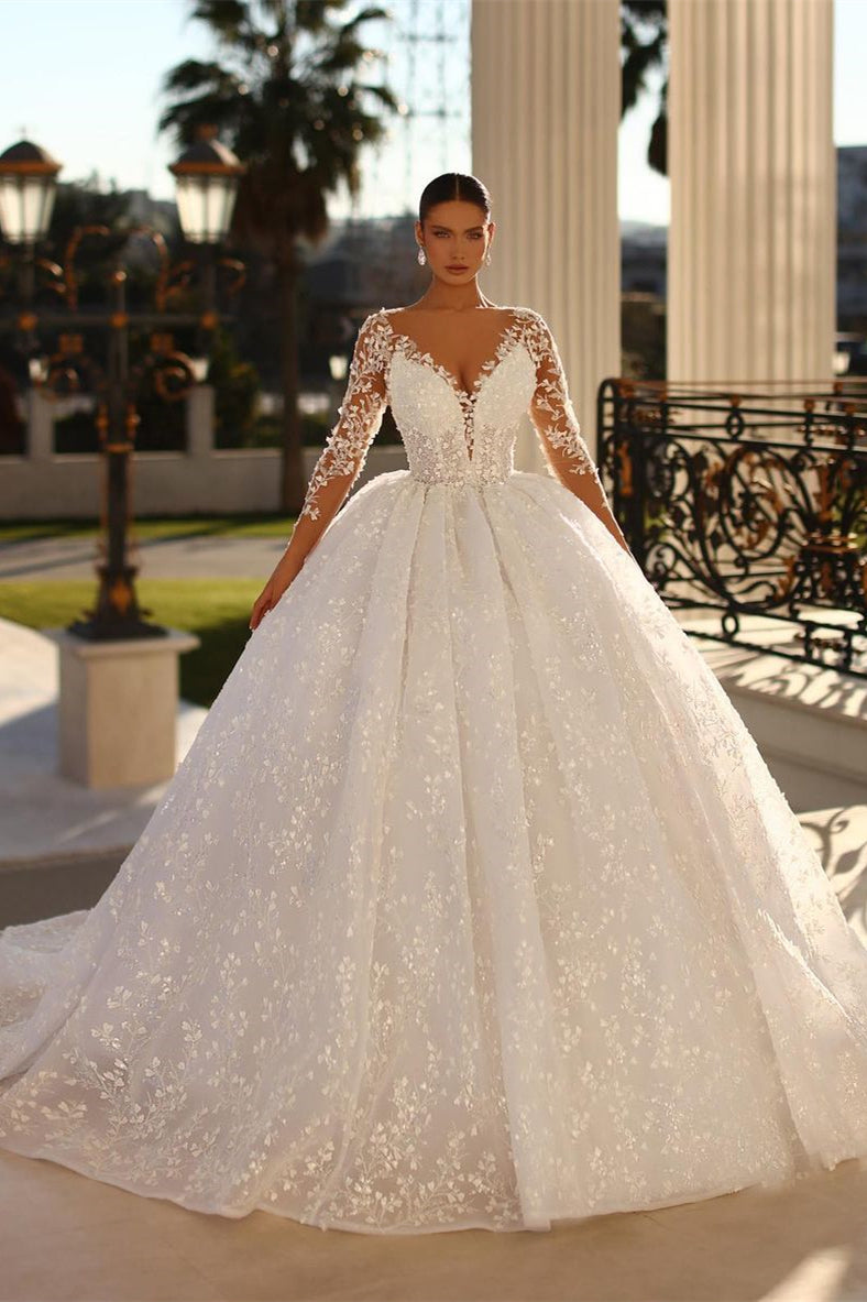 Graceful Long Ivory V-neck Ball Gown with Lace and Long Sleeves for Wedding