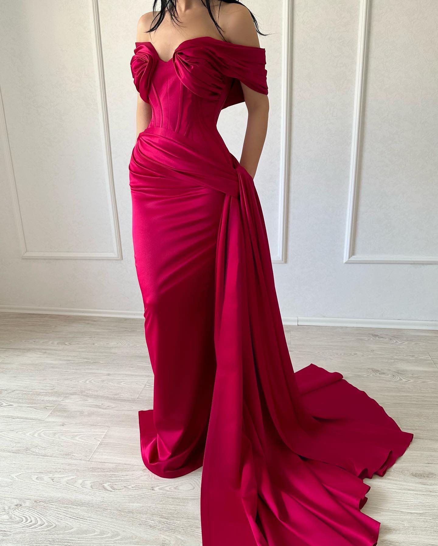 Refined Long Mermaid Off-the-shoulder Sleeveless V-neck Satin Fuchsia Prom Gown