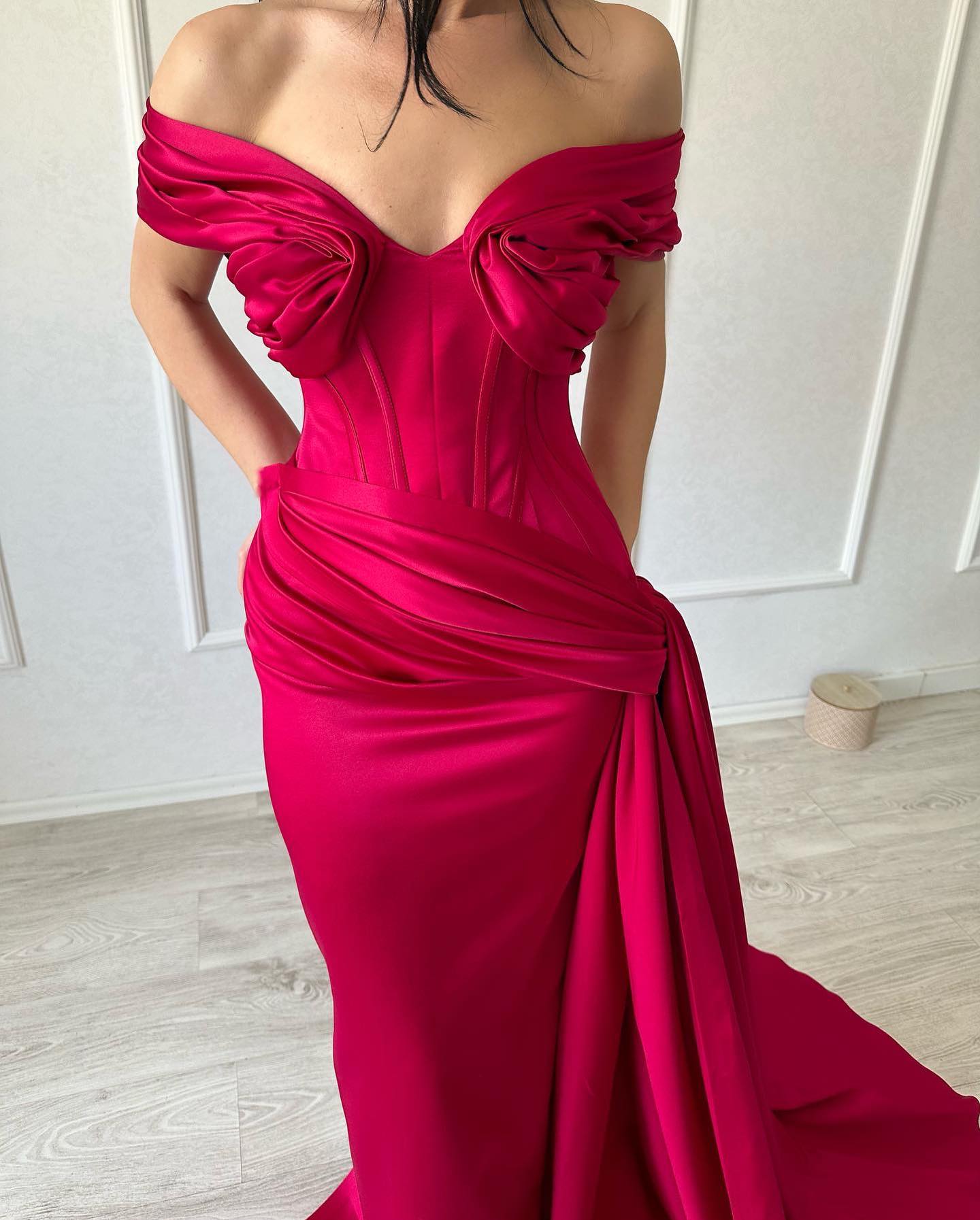 Refined Long Mermaid Off-the-shoulder Sleeveless V-neck Satin Fuchsia Prom Gown