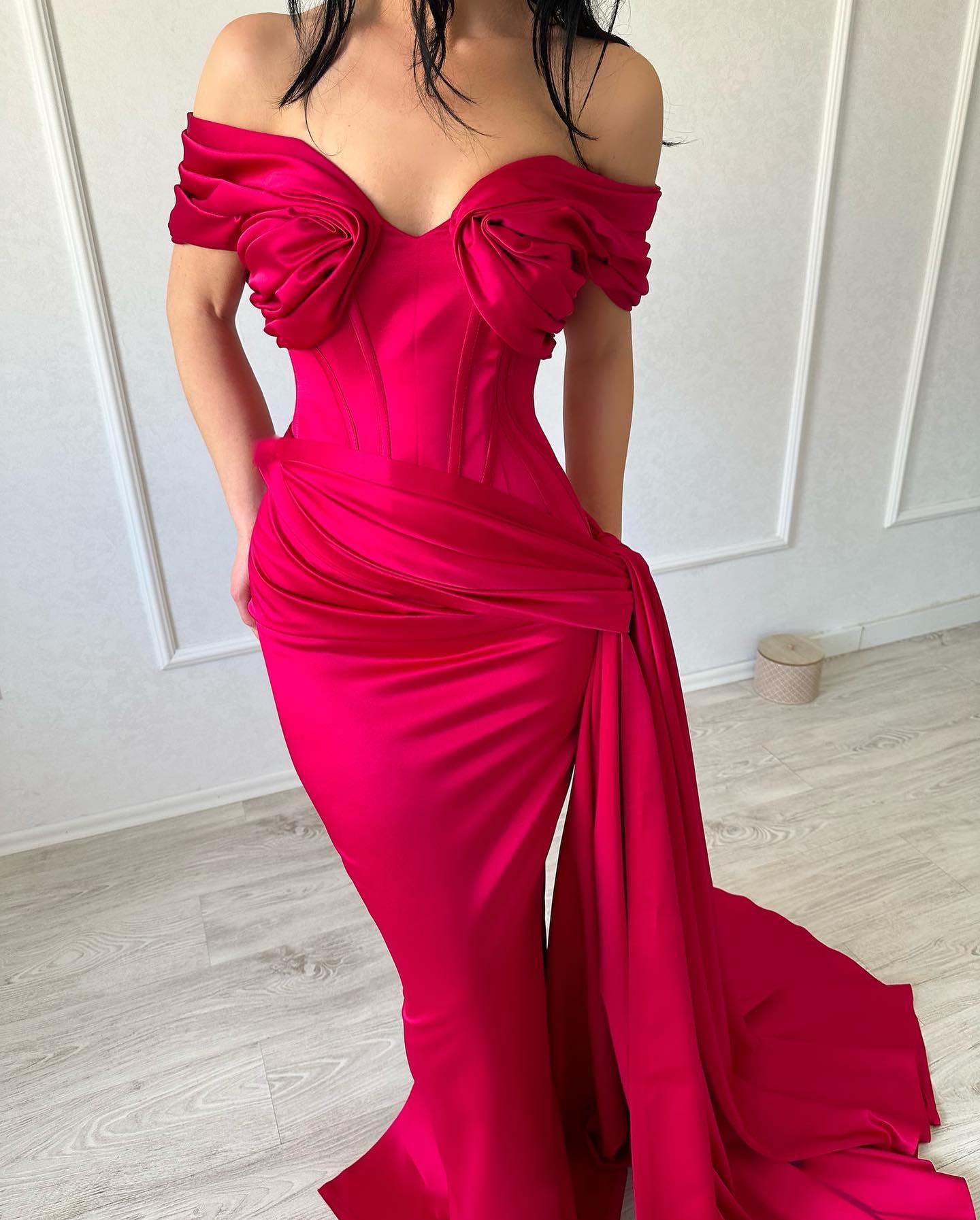 Refined Long Mermaid Off-the-shoulder Sleeveless V-neck Satin Fuchsia Prom Gown