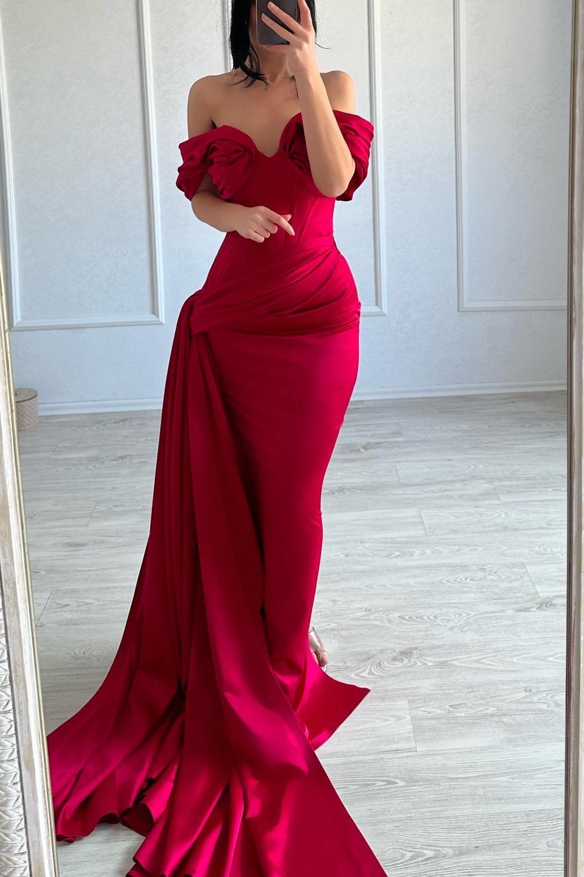 Refined Long Mermaid Off-the-shoulder Sleeveless V-neck Satin Fuchsia Prom Gown