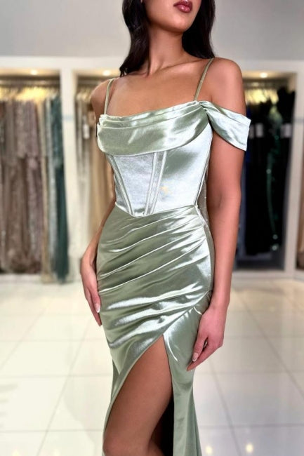 Sophisticated Long Mermaid Simple Spaghetti Straps Off-the-shoulder Satin Prom Gown with Elegant Slit