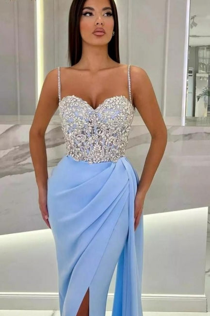 Elegant Long Mermaid Spaghetti Strap Sweetheart Glittering Prom Dress with Slit