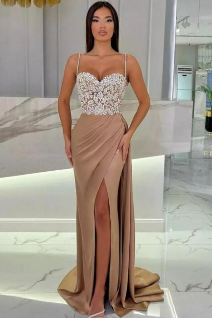 Elegant Long Mermaid Spaghetti Strap Sweetheart Glittering Prom Dress with Slit