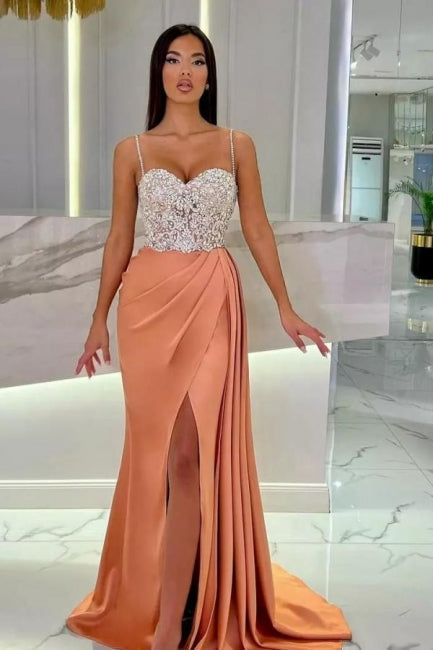 Elegant Long Mermaid Spaghetti Strap Sweetheart Glittering Prom Dress with Slit