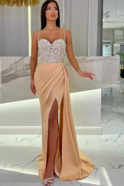 Elegant Long Mermaid Spaghetti Strap Sweetheart Glittering Prom Dress with Slit