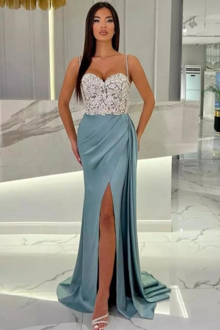 Elegant Long Mermaid Spaghetti Strap Sweetheart Glittering Prom Dress with Slit