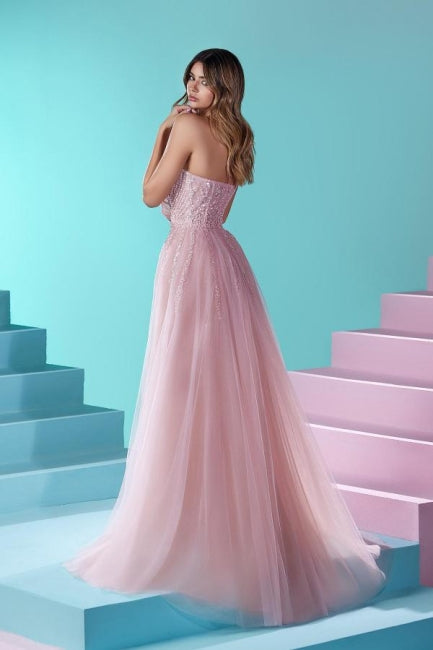 Elegant Long Pink A-line Strapless Lace Glitter Prom Gown with Sophisticated Slit